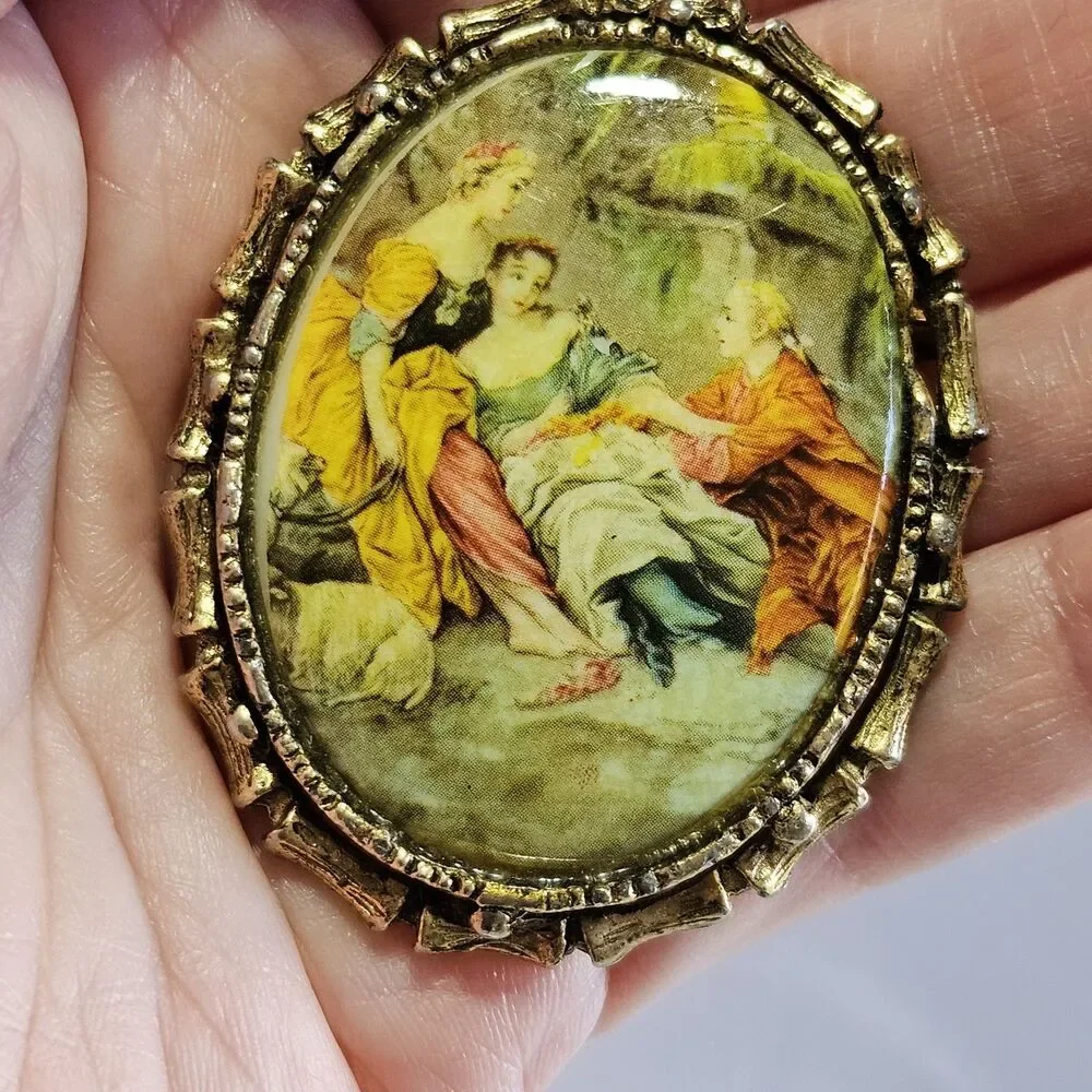 Vintage Gold Tone Porcelain Serenade Cameo Brooch